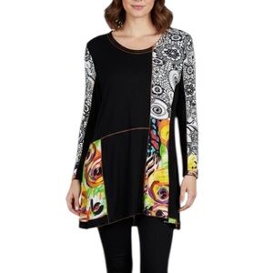 Parsley & Sage Artsy Long Sleeve Exposed Seam Tunic Top Medium Black Lightweight